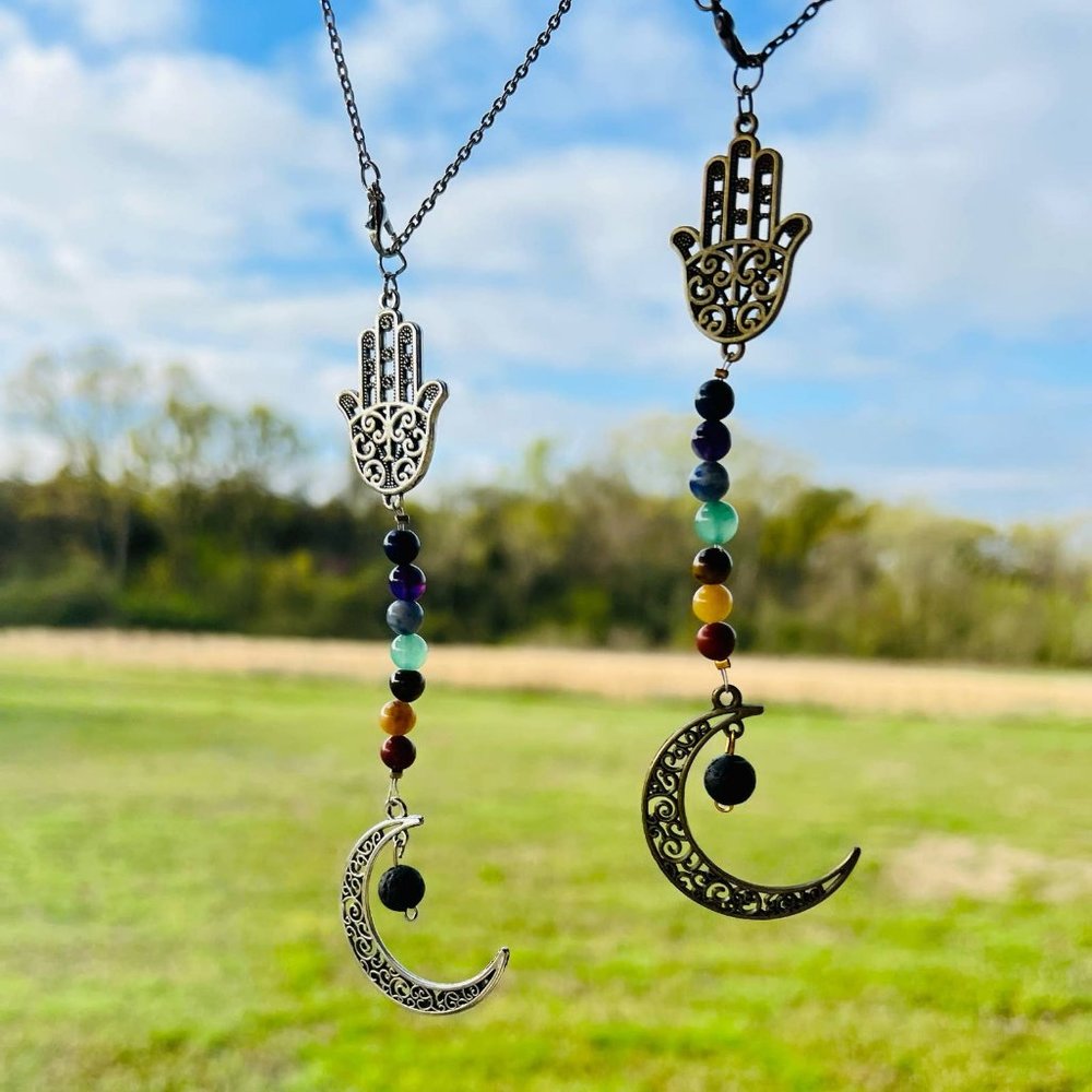 Handmade 7 Chakra Car Ornament Charm Moon Hamsa Natural Stone Protection Balance
